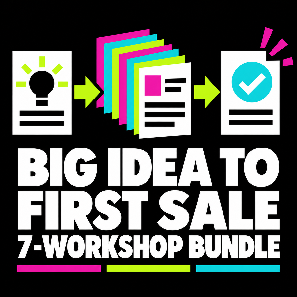 Promotional graphic for a 'Big Idea to First Sale 7-Workshop Bundle' featuring white text on a black background with colorful vector icons representing ideas, documents, and a checked document.